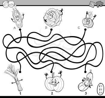 Black and White Cartoon Illustration of Educational Paths or Maze Puzzle Task for Preschool Children with Vegetables Coloring Book