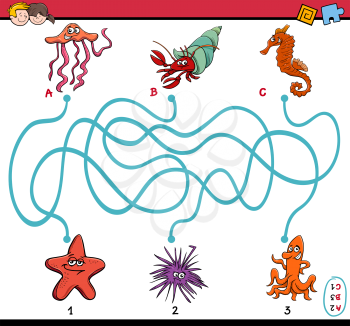 Cartoon Illustration of Educational Paths or Maze Puzzle Task for Preschool Children with Sea Life Characters