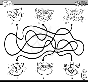 Black and White Cartoon Illustration of Educational Paths or Maze Puzzle Task for Preschool Children with Cats Animal Characters Coloring Book