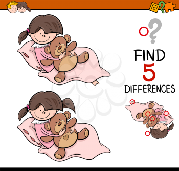 Cartoon Illustration of Finding Differences Educational Activity Task for Preschool Children with Girl and Teddy