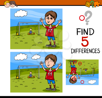 Cartoon Illustration of Finding Differences Educational Activity Task for Preschool Children with Boy Playing Soccer