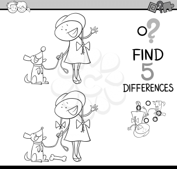 Black and White Cartoon Illustration of Finding Differences Educational Activity Task for Preschool Children with Girl and her Dog for Coloring Book