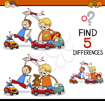 Cartoon Illustration of Finding Differences Educational Activity for Preschool Children with Boys Playing Cars and Plane