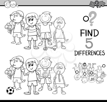 Black and White Cartoon Illustration of Finding Differences Educational Activity for Preschool Children with Little Boys Group for Coloring Book