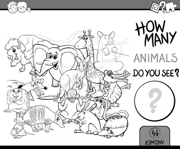Black and White Cartoon Illustration of Educational Counting Activity for Preschool Children with Wildlife Animal Characters Coloring Book