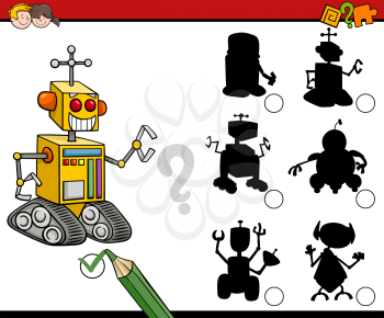 Cartoon Illustration of Find the Shadow Educational Activity Game for Preschool Children with Robots