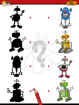 Cartoon Illustration of Find the Shadow Educational Activity Task for Preschool Children with Robots