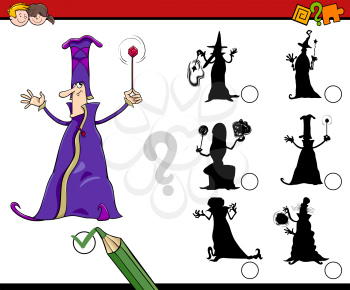 Cartoon Illustration of Find the Shadow Educational Activity Task for Preschool Children with Wizard Fantasy Character