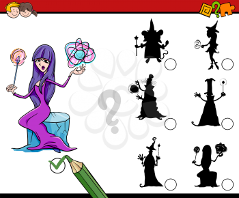 Cartoon Illustration of Find the Shadow Educational Activity Task for Preschool Children with Witch Fantasy Character