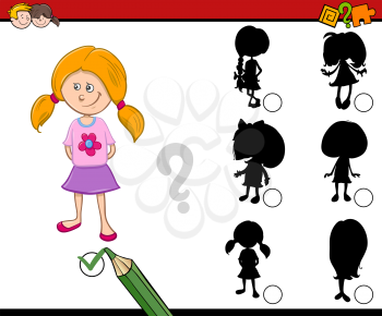 Cartoon Illustration of Find the Shadow Educational Activity Task for Preschool Children with Kid Girl Character