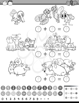 Black and White Cartoon Illustration of Education Mathematical Game of Calculating Animals for Preschool Children