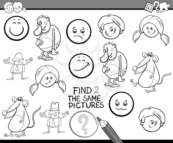 Black and White Cartoon Illustration of Find Exactly the Same Pictures Educational Activity Task for Preschool Children Coloring Book