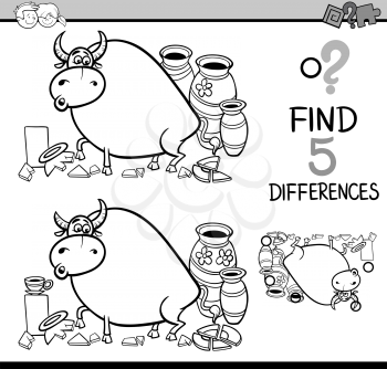 Black and White Cartoon Illustration of Finding Differences Educational Activity Task for Preschool Children with Bull in a China Shop Saying for Coloring Book