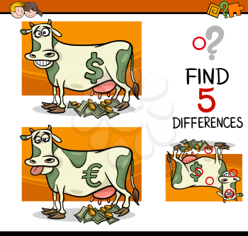 Cartoon Illustration of Finding Differences Educational Activity Task for Preschool Children with Cash Cow Saying