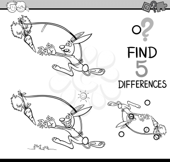 Black and White Cartoon Illustration of Finding Differences Educational Activity Task for Preschool Children with Dangling a Carrot Saying for Coloring Book