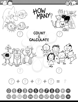 Black and White Cartoon Illustration of Educational Mathematical Count and Addition Activity for Preschool Children Coloring Book