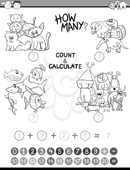 Black and White Cartoon Illustration of Educational Mathematical Count and Calculate Activity Game for Preschool Children Coloring Book