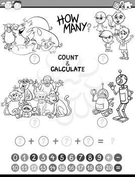 Black and White Cartoon Illustration of Educational Mathematical Count and Addition Activity Game for Preschool Children Coloring Book