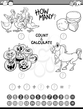 Black and White Cartoon Illustration of Educational Mathematical Count and Addition Activity Task for Preschool Children Coloring Book