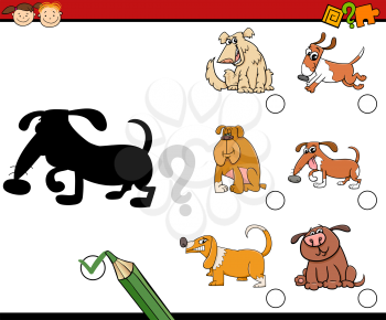 Cartoon Illustration of Educational Shadow Game for Preschool Children with Dogs or Puppies