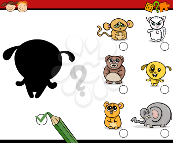 Cartoon Illustration of Educational Shadow Activity Task for Preschool Kids with Animal Characters