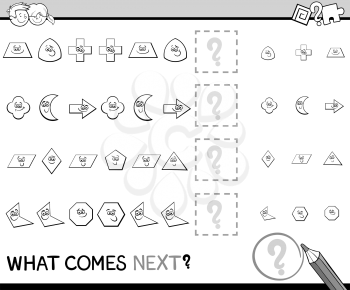 Black and White Cartoon Illustration of Completing the Pattern Educational Activity Task for Preschool Children with Geometric Shapes for Coloring