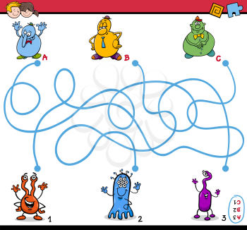 Cartoon Illustration of Educational Paths or Maze Puzzle Activity Task for Preschool Children with Fantasy Characters