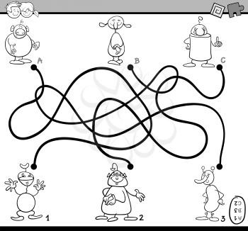 Black and White Cartoon Illustration of Educational Paths or Maze Puzzle Activity Task for Preschool Children with Funny Characters Coloring Book