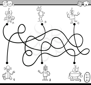 Black and White Cartoon Illustration of Educational Paths or Maze Puzzle Activity Task for Preschool Children with Robot Characters Coloring Book