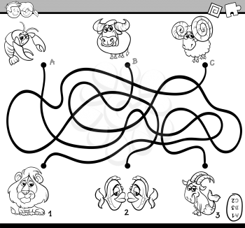 Black and White Cartoon Illustration of Educational Paths or Maze Puzzle Activity Task for Preschool Children Coloring Book