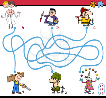 Cartoon Illustration of Educational Paths or Maze Puzzle Activity Task for Preschool Children with  Professionals People