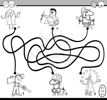 Black and White Cartoon Illustration of Educational Paths or Maze Puzzle Activity Task for Preschool Children with Professionals People Coloring Book