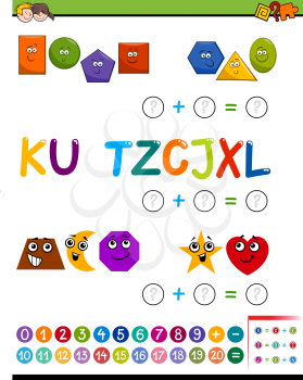 Cartoon Illustration of Educational Mathematical Addition Activity Task for Preschool Children with Shapes and Letters