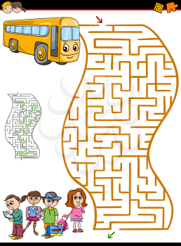 Cartoon Illustration of Education Maze or Labyrinth Activity Task for Preschool Children with School Bus and Kids