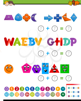Cartoon Illustration of Educational Mathematical Addition Activity Task for Preschool Children with Shapes and Letters