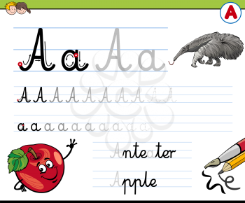 Cartoon Illustration of Writing Skills Practise with Letter A Worksheet for Children