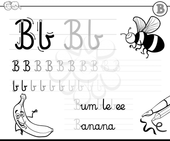 Black and White Cartoon Illustration of Writing Skills Practise with Letter B Worksheet for Children Coloring Book