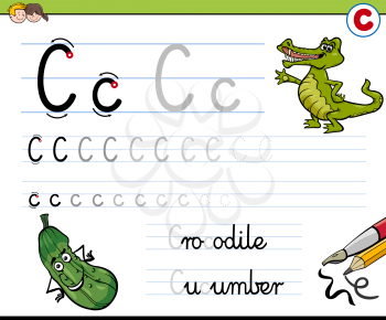 Cartoon Illustration of Writing Skills Practise with Letter C Worksheet for Children