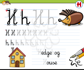 Cartoon Illustration of Writing Skills Practice with Letter H Worksheet for Children