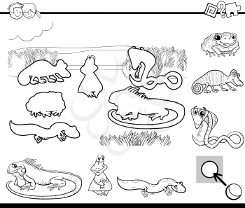 Black and White Cartoon Illustration of Educational Activity for Preschool Children with Reptile and Amphibian Animal Characters for Coloring Book
