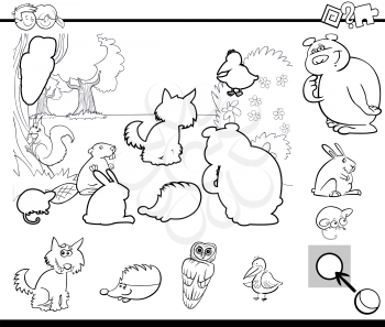 Black and White Cartoon Illustration of Educational Activity Task for Preschool Children with Wild Animal Characters for Coloring Book