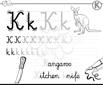 Black and White Cartoon Illustration of Writing Skills Practice with Letter K Worksheet for Children Coloring Book