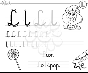 Black and White Cartoon Illustration of Writing Skills Practice with Letter L Worksheet for Children Coloring Book