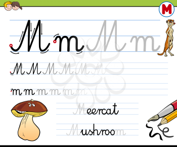 Cartoon Illustration of Writing Skills Practice with Letter M Worksheet for Children
