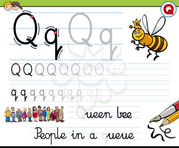 Cartoon Illustration of Writing Skills Practice with Letter Q Worksheet for Children