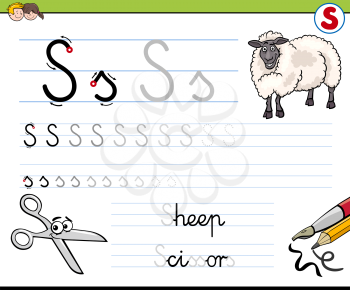 Cartoon Illustration of Writing Skills Practice with Letter S Worksheet for Children