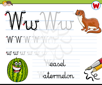 Cartoon Illustration of Writing Skills Practice with Letter W Worksheet for Children