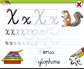 Cartoon Illustration of Writing Skills Practice with Letter X Worksheet for Children