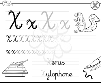 Black and White Cartoon Illustration of Writing Skills Practice with Letter X Worksheet for Children Coloring Book