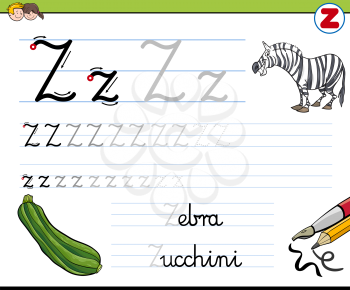 Cartoon Illustration of Writing Skills Practice with Letter Z Worksheet for Children